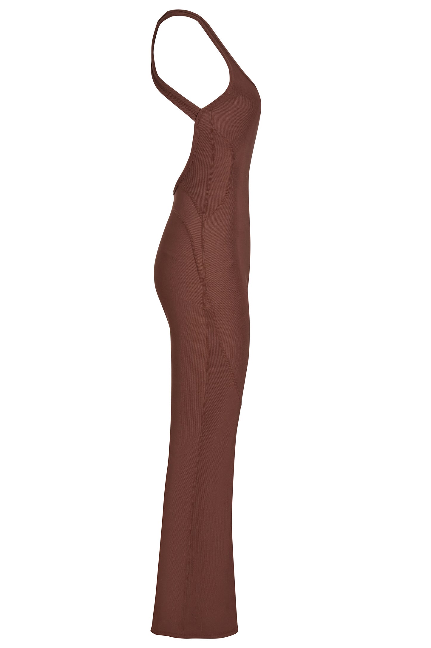 Brown Premium Ribbed Jersey Sleeveless Flared Jumpsuit