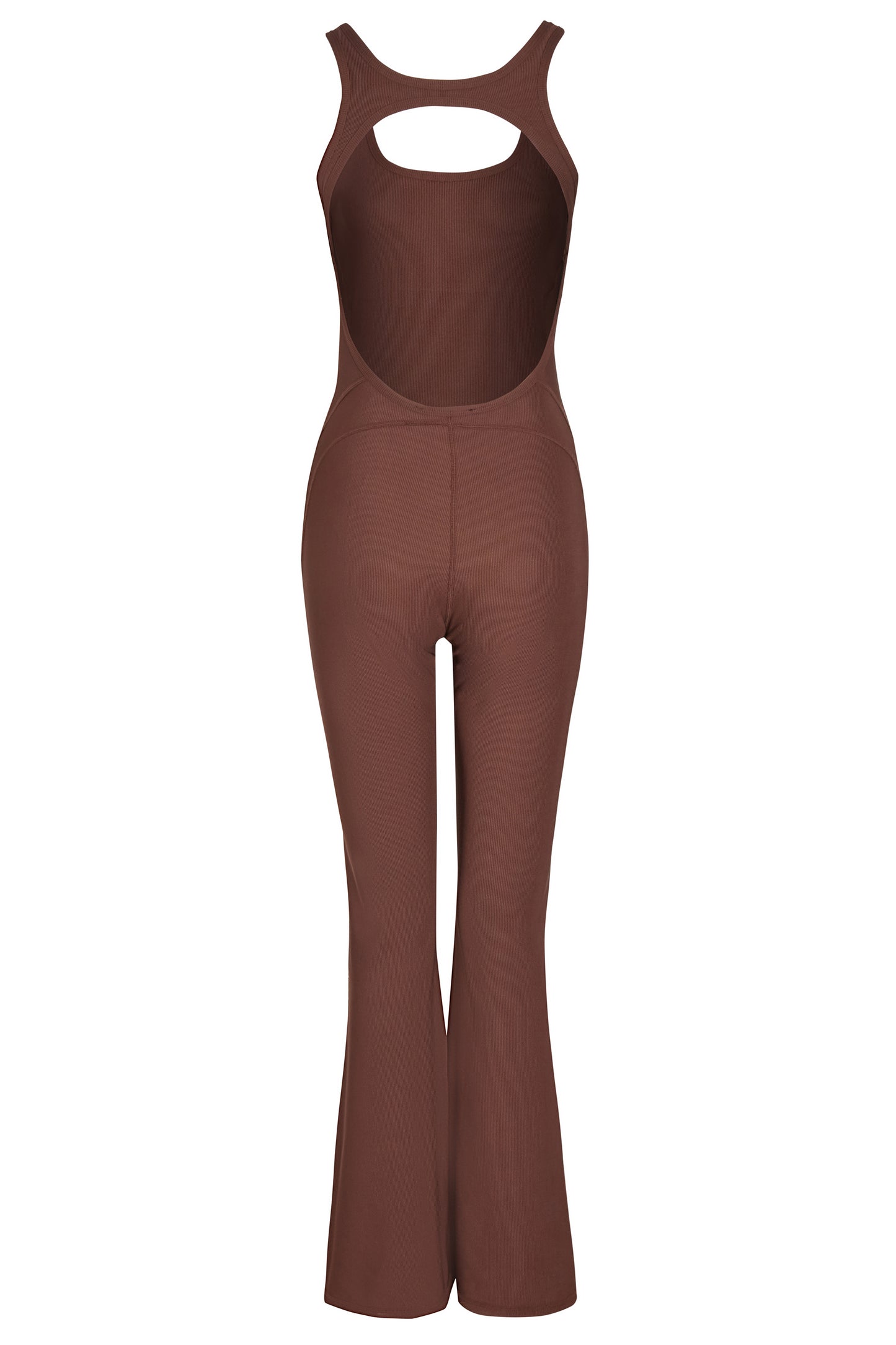 Brown Premium Ribbed Jersey Sleeveless Flared Jumpsuit