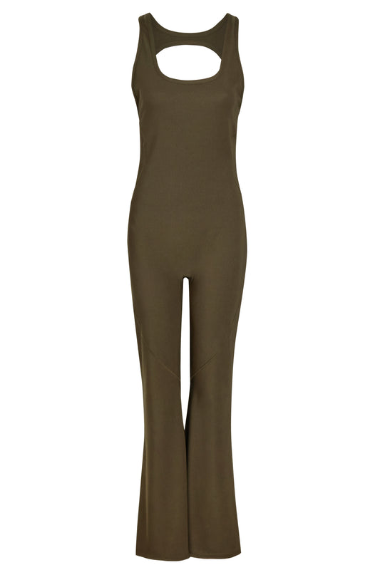 Khaki Premium Ribbed Jersey Sleeveless Flared Jumpsuit