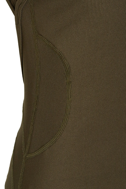 Khaki Premium Ribbed Jersey Sleeveless Flared Jumpsuit