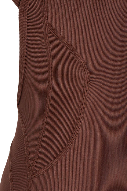Brown Premium Ribbed Jersey Sleeveless Flared Jumpsuit