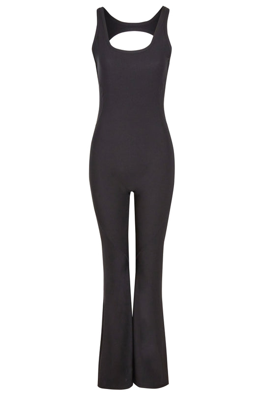 Black Premium Ribbed Jersey Sleeveless Flared Jumpsuit