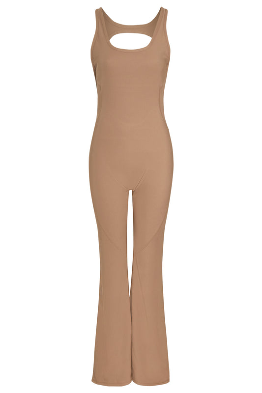 Beige Premium Ribbed Jersey Sleeveless Flared Jumpsuit