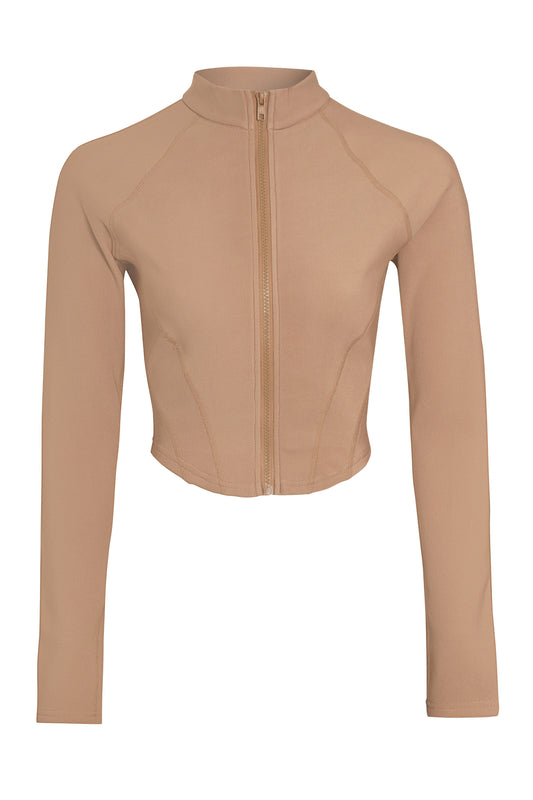 Beige Premium Ribbed Jersey Longsleeve Zip Through Top