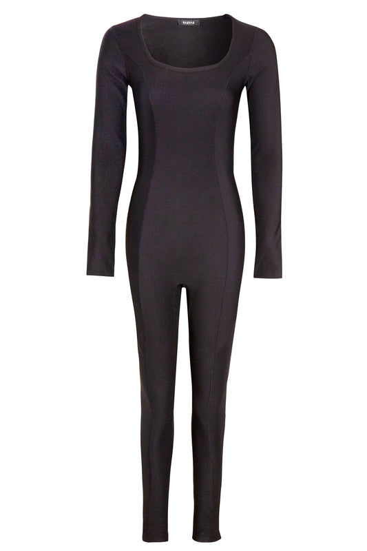 Black Premium Ribbed Jersey Longsleeve Square Neck Jumpsuit