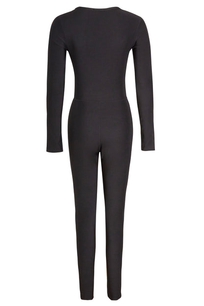Black Premium Ribbed Jersey Longsleeve Square Neck Jumpsuit
