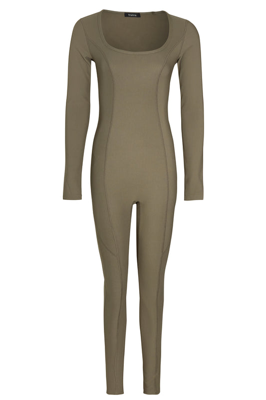 Olive Premium Ribbed Jersey Longsleeve Square Neck Jumpsuit