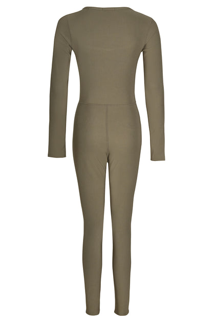 Olive Premium Ribbed Jersey Longsleeve Square Neck Jumpsuit