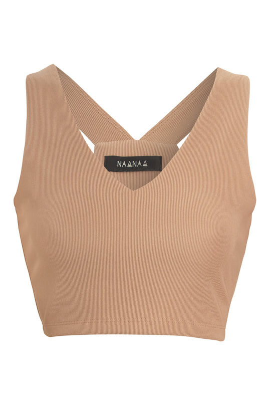 Beige Premium Ribbed Jersey Double Layer Sleeveless Crop Top